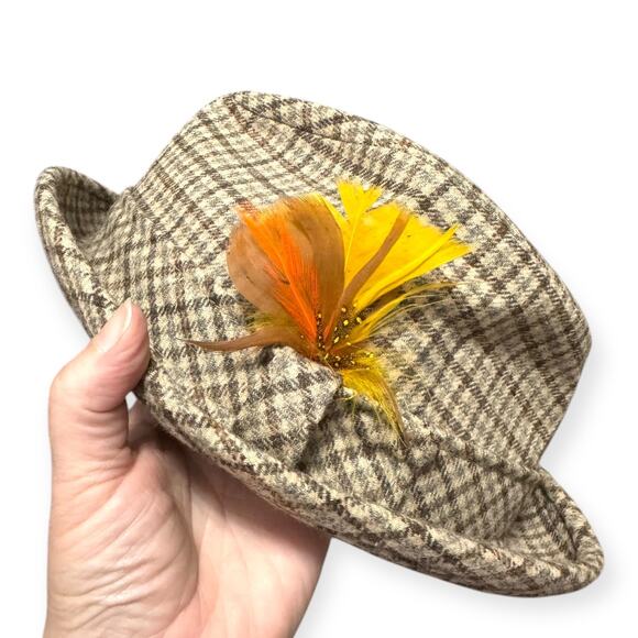 Vintage Pendleton 100% Wool Brown Plaid Herringbone Trilby Fedora Hat Mens 7 1/8 - Picture 6 of 9